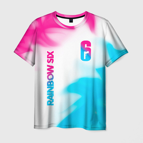 Мужская футболка 3D с принтом Rainbow Six neon gradient style: надпись, символ в Петрозаводске, 100% полиэфир | прямой крой, круглый вырез горловины, длина до линии бедер | 