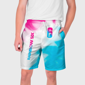 Мужские шорты 3D с принтом Rainbow Six neon gradient style: надпись, символ в Кировске,  полиэстер 100% | прямой крой, два кармана без застежек по бокам. Мягкая трикотажная резинка на поясе, внутри которой широкие завязки. Длина чуть выше колен | 