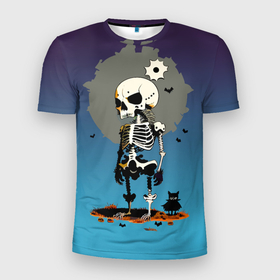 Мужская футболка 3D Slim с принтом Funny skeleton   neural network    halloween в Санкт-Петербурге, 100% полиэстер с улучшенными характеристиками | приталенный силуэт, круглая горловина, широкие плечи, сужается к линии бедра | 