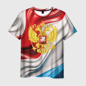 Мужская футболка 3D с принтом Герб России на фоне   флага в Белгороде, 100% полиэфир | прямой крой, круглый вырез горловины, длина до линии бедер | 
