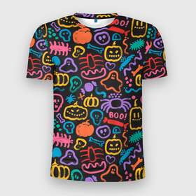 Мужская футболка 3D Slim с принтом Halloween colorful pumpkins, ghosts, spiders в Санкт-Петербурге, 100% полиэстер с улучшенными характеристиками | приталенный силуэт, круглая горловина, широкие плечи, сужается к линии бедра | 