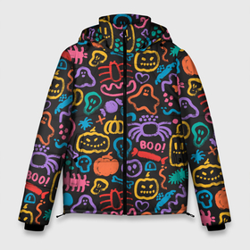 Мужская зимняя куртка 3D с принтом Halloween colorful pumpkins, ghosts, spiders в Екатеринбурге, верх — 100% полиэстер; подкладка — 100% полиэстер; утеплитель — 100% полиэстер | длина ниже бедра, свободный силуэт Оверсайз. Есть воротник-стойка, отстегивающийся капюшон и ветрозащитная планка. 

Боковые карманы с листочкой на кнопках и внутренний карман на молнии. | 