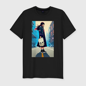 Мужская футболка хлопок Slim с принтом Девчонка в большом городе   аниме в Курске, 92% хлопок, 8% лайкра | приталенный силуэт, круглый вырез ворота, длина до линии бедра, короткий рукав | 