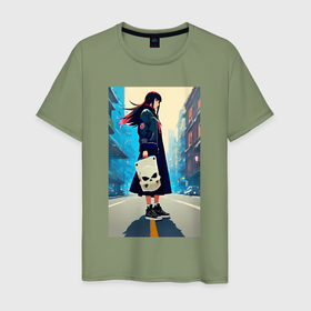 Мужская футболка хлопок с принтом Девчонка в большом городе   аниме в Курске, 100% хлопок | прямой крой, круглый вырез горловины, длина до линии бедер, слегка спущенное плечо. | Тематика изображения на принте: 