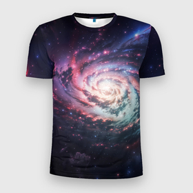 Мужская футболка 3D Slim с принтом Спиральная галактика в космосе в Курске, 100% полиэстер с улучшенными характеристиками | приталенный силуэт, круглая горловина, широкие плечи, сужается к линии бедра | 