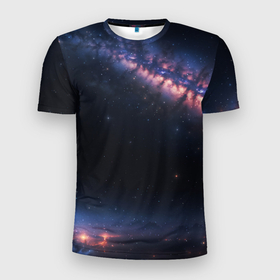 Мужская футболка 3D Slim с принтом Млечный путь в звездном небе в Санкт-Петербурге, 100% полиэстер с улучшенными характеристиками | приталенный силуэт, круглая горловина, широкие плечи, сужается к линии бедра | Тематика изображения на принте: 