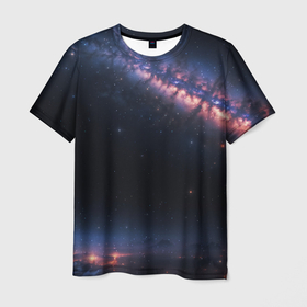 Мужская футболка 3D с принтом Млечный путь в звездном небе , 100% полиэфир | прямой крой, круглый вырез горловины, длина до линии бедер | 