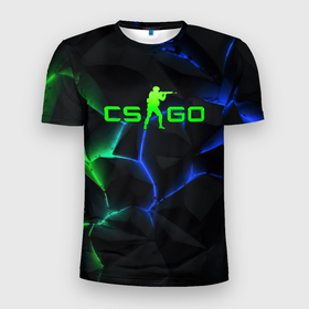 Мужская футболка 3D Slim с принтом CS GO green blue neon в Белгороде, 100% полиэстер с улучшенными характеристиками | приталенный силуэт, круглая горловина, широкие плечи, сужается к линии бедра | 