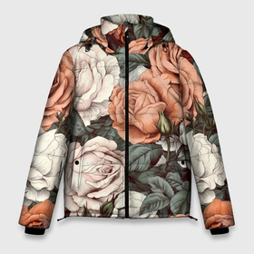 Мужская зимняя куртка 3D с принтом Белые и красные розы в Тюмени, верх — 100% полиэстер; подкладка — 100% полиэстер; утеплитель — 100% полиэстер | длина ниже бедра, свободный силуэт Оверсайз. Есть воротник-стойка, отстегивающийся капюшон и ветрозащитная планка. 

Боковые карманы с листочкой на кнопках и внутренний карман на молнии. | Тематика изображения на принте: 