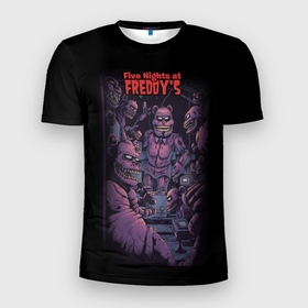 Мужская футболка 3D Slim с принтом Five Nights at Freddys poster в Тюмени, 100% полиэстер с улучшенными характеристиками | приталенный силуэт, круглая горловина, широкие плечи, сужается к линии бедра | Тематика изображения на принте: 