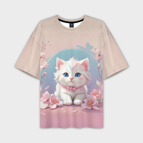 Мужская футболка oversize 3D с принтом Милый котёнок с цветами в Новосибирске,  |  | 