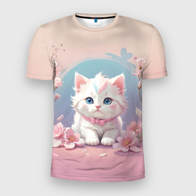 Мужская футболка 3D Slim с принтом Милый котёнок с цветами в Курске, 100% полиэстер с улучшенными характеристиками | приталенный силуэт, круглая горловина, широкие плечи, сужается к линии бедра | 