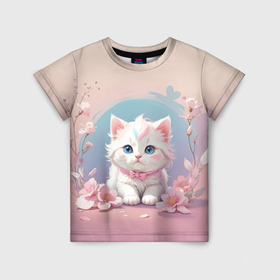 Детская футболка 3D с принтом Милый котёнок с цветами в Новосибирске, 100% гипоаллергенный полиэфир | прямой крой, круглый вырез горловины, длина до линии бедер, чуть спущенное плечо, ткань немного тянется | 
