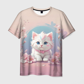 Мужская футболка 3D с принтом Милый котёнок с цветами в Курске, 100% полиэфир | прямой крой, круглый вырез горловины, длина до линии бедер | 