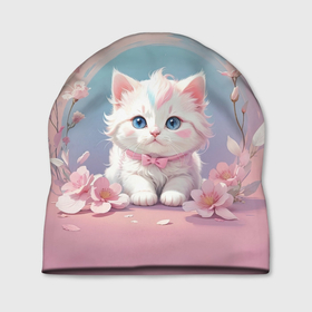 Шапка 3D с принтом Милый котёнок с цветами в Курске, 100% полиэстер | универсальный размер, печать по всей поверхности изделия | 