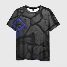 Мужская футболка 3D с принтом Черные плиты с синей вставкой в Петрозаводске, 100% полиэфир | прямой крой, круглый вырез горловины, длина до линии бедер | Тематика изображения на принте: 