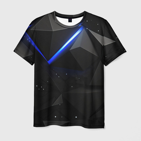 Мужская футболка 3D с принтом Черные плиты и синяя неоновая линия в Петрозаводске, 100% полиэфир | прямой крой, круглый вырез горловины, длина до линии бедер | 