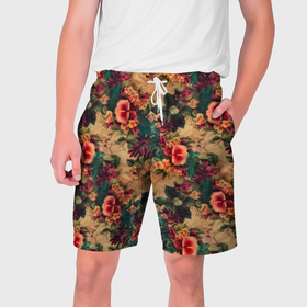 Мужские шорты 3D с принтом Паттерн цветы  тропические в Кировске,  полиэстер 100% | прямой крой, два кармана без застежек по бокам. Мягкая трикотажная резинка на поясе, внутри которой широкие завязки. Длина чуть выше колен | 