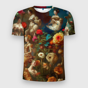 Мужская футболка 3D Slim с принтом Цветение цветы и девушки в Тюмени, 100% полиэстер с улучшенными характеристиками | приталенный силуэт, круглая горловина, широкие плечи, сужается к линии бедра | 