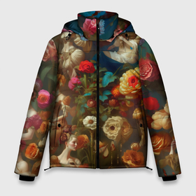 Мужская зимняя куртка 3D с принтом Цветение цветы и девушки , верх — 100% полиэстер; подкладка — 100% полиэстер; утеплитель — 100% полиэстер | длина ниже бедра, свободный силуэт Оверсайз. Есть воротник-стойка, отстегивающийся капюшон и ветрозащитная планка. 

Боковые карманы с листочкой на кнопках и внутренний карман на молнии. | 