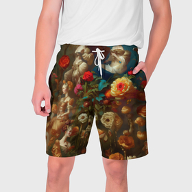 Мужские шорты 3D с принтом Цветение цветы и девушки в Тюмени,  полиэстер 100% | прямой крой, два кармана без застежек по бокам. Мягкая трикотажная резинка на поясе, внутри которой широкие завязки. Длина чуть выше колен | 