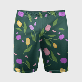 Мужские шорты спортивные с принтом Весенние тюльпаны на темном фоне ,  |  | Тематика изображения на принте: 