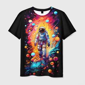 Мужская футболка 3D с принтом Астронавт на прогулке , 100% полиэфир | прямой крой, круглый вырез горловины, длина до линии бедер | 