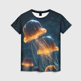 Женская футболка 3D с принтом Люминисцентные медузы в Петрозаводске, 100% полиэфир ( синтетическое хлопкоподобное полотно) | прямой крой, круглый вырез горловины, длина до линии бедер | 