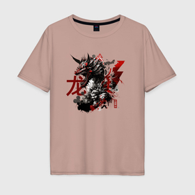 Мужская футболка хлопок Oversize с принтом Дракон и  японский самурай в Петрозаводске, 100% хлопок | свободный крой, круглый ворот, “спинка” длиннее передней части | 