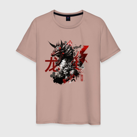 Мужская футболка хлопок с принтом Дракон и  японский самурай в Санкт-Петербурге, 100% хлопок | прямой крой, круглый вырез горловины, длина до линии бедер, слегка спущенное плечо. | 