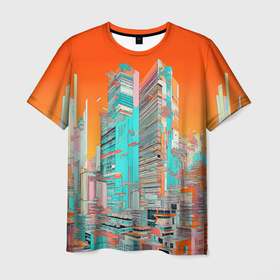Мужская футболка 3D с принтом Токио оранжевый пейзаж в Петрозаводске, 100% полиэфир | прямой крой, круглый вырез горловины, длина до линии бедер | 