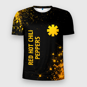 Мужская футболка 3D Slim с принтом Red Hot Chili Peppers   gold gradient: надпись, символ в Белгороде, 100% полиэстер с улучшенными характеристиками | приталенный силуэт, круглая горловина, широкие плечи, сужается к линии бедра | Тематика изображения на принте: 