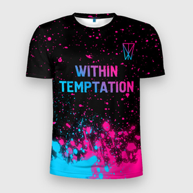 Мужская футболка 3D Slim с принтом Within Temptation   neon gradient: символ сверху в Екатеринбурге, 100% полиэстер с улучшенными характеристиками | приталенный силуэт, круглая горловина, широкие плечи, сужается к линии бедра | 