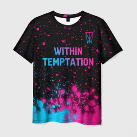 Мужская футболка 3D с принтом Within Temptation   neon gradient: символ сверху в Санкт-Петербурге, 100% полиэфир | прямой крой, круглый вырез горловины, длина до линии бедер | Тематика изображения на принте: 