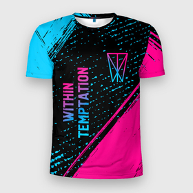 Мужская футболка 3D Slim с принтом Within Temptation   neon gradient: надпись, символ в Екатеринбурге, 100% полиэстер с улучшенными характеристиками | приталенный силуэт, круглая горловина, широкие плечи, сужается к линии бедра | 