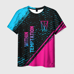 Мужская футболка 3D с принтом Within Temptation   neon gradient: надпись, символ в Санкт-Петербурге, 100% полиэфир | прямой крой, круглый вырез горловины, длина до линии бедер | Тематика изображения на принте: 
