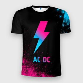 Мужская футболка 3D Slim с принтом AC DC   neon gradient в Курске, 100% полиэстер с улучшенными характеристиками | приталенный силуэт, круглая горловина, широкие плечи, сужается к линии бедра | Тематика изображения на принте: 