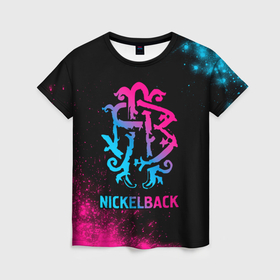 Женская футболка 3D с принтом Nickelback   neon gradient , 100% полиэфир ( синтетическое хлопкоподобное полотно) | прямой крой, круглый вырез горловины, длина до линии бедер | 