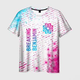 Мужская футболка 3D с принтом Breaking Benjamin neon gradient style: надпись, символ в Екатеринбурге, 100% полиэфир | прямой крой, круглый вырез горловины, длина до линии бедер | 