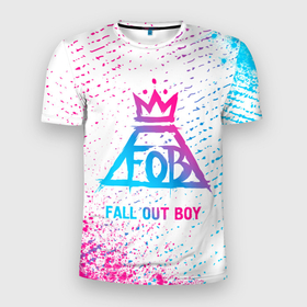 Мужская футболка 3D Slim с принтом Fall Out Boy neon gradient style в Екатеринбурге, 100% полиэстер с улучшенными характеристиками | приталенный силуэт, круглая горловина, широкие плечи, сужается к линии бедра | 