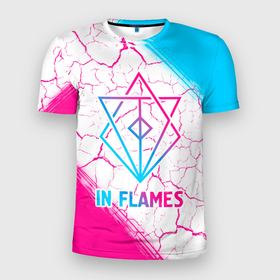 Мужская футболка 3D Slim с принтом In Flames neon gradient style в Петрозаводске, 100% полиэстер с улучшенными характеристиками | приталенный силуэт, круглая горловина, широкие плечи, сужается к линии бедра | Тематика изображения на принте: 