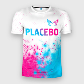 Мужская футболка 3D Slim с принтом Placebo neon gradient style: символ сверху в Екатеринбурге, 100% полиэстер с улучшенными характеристиками | приталенный силуэт, круглая горловина, широкие плечи, сужается к линии бедра | Тематика изображения на принте: 