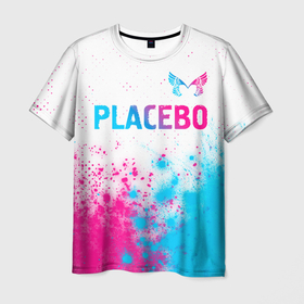 Мужская футболка 3D с принтом Placebo neon gradient style: символ сверху в Екатеринбурге, 100% полиэфир | прямой крой, круглый вырез горловины, длина до линии бедер | Тематика изображения на принте: 