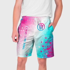 Мужские шорты 3D с принтом Three Days Grace neon gradient style: надпись, символ ,  полиэстер 100% | прямой крой, два кармана без застежек по бокам. Мягкая трикотажная резинка на поясе, внутри которой широкие завязки. Длина чуть выше колен | 