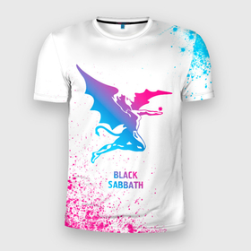 Мужская футболка 3D Slim с принтом Black Sabbath neon gradient style в Кировске, 100% полиэстер с улучшенными характеристиками | приталенный силуэт, круглая горловина, широкие плечи, сужается к линии бедра | 