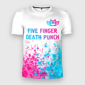 Мужская футболка 3D Slim с принтом Five Finger Death Punch neon gradient style: символ сверху в Новосибирске, 100% полиэстер с улучшенными характеристиками | приталенный силуэт, круглая горловина, широкие плечи, сужается к линии бедра | 