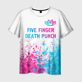 Мужская футболка 3D с принтом Five Finger Death Punch neon gradient style: символ сверху в Петрозаводске, 100% полиэфир | прямой крой, круглый вырез горловины, длина до линии бедер | 
