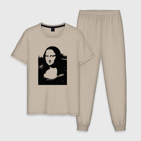 Мужская пижама хлопок с принтом Mona Lisa in black white в Новосибирске, 100% хлопок | брюки и футболка прямого кроя, без карманов, на брюках мягкая резинка на поясе и по низу штанин
 | Тематика изображения на принте: 
