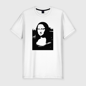 Мужская футболка хлопок Slim с принтом Mona Lisa in black white в Новосибирске, 92% хлопок, 8% лайкра | приталенный силуэт, круглый вырез ворота, длина до линии бедра, короткий рукав | Тематика изображения на принте: 