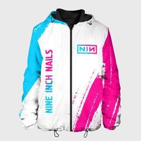 Мужская куртка 3D с принтом Nine Inch Nails neon gradient style: надпись, символ в Екатеринбурге, ткань верха — 100% полиэстер, подклад — флис | прямой крой, подол и капюшон оформлены резинкой с фиксаторами, два кармана без застежек по бокам, один большой потайной карман на груди. Карман на груди застегивается на липучку | 